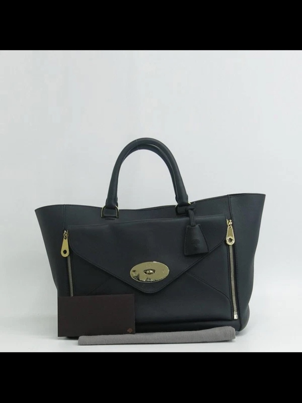 Mulberry Black Leather Tote with Gold Hardware and Front Flap